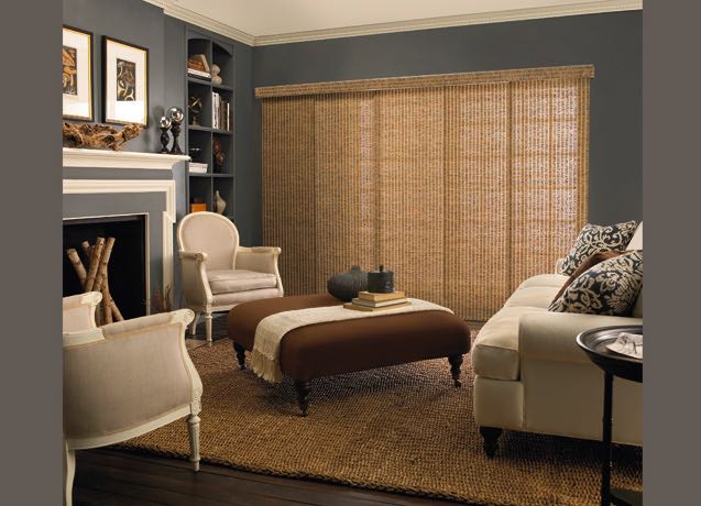 Southern California Family room with grey walls and beige sliding panel tracks.